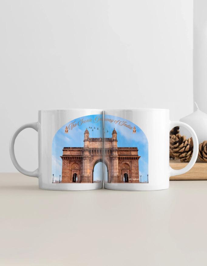 White Coffee Mug – Elegant Ceramic Mug with Gateway of India Design