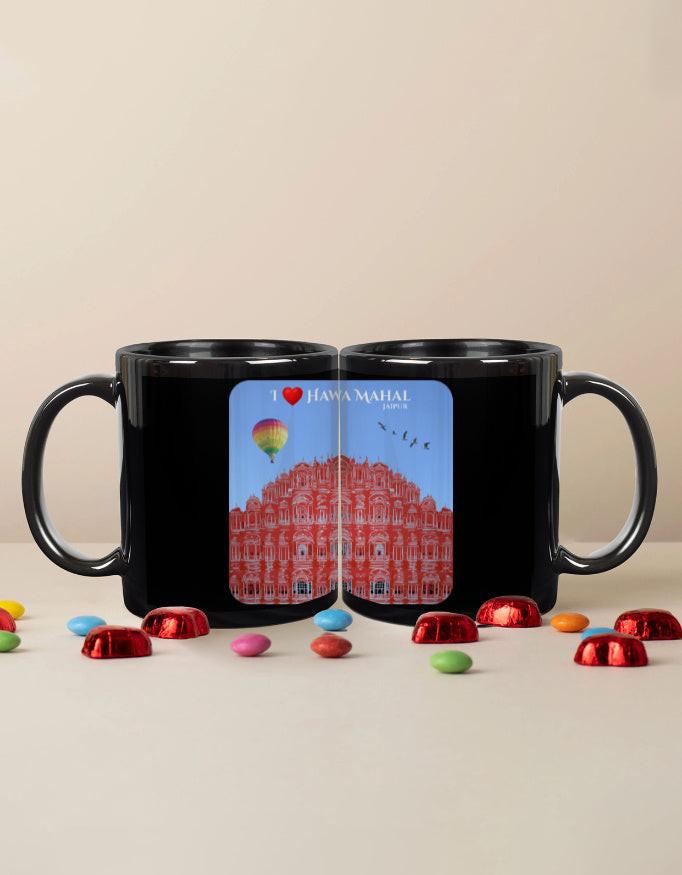 Black Coffee Mug - Elegant 11oz Ceramic Mug with Hawa Mahal Design