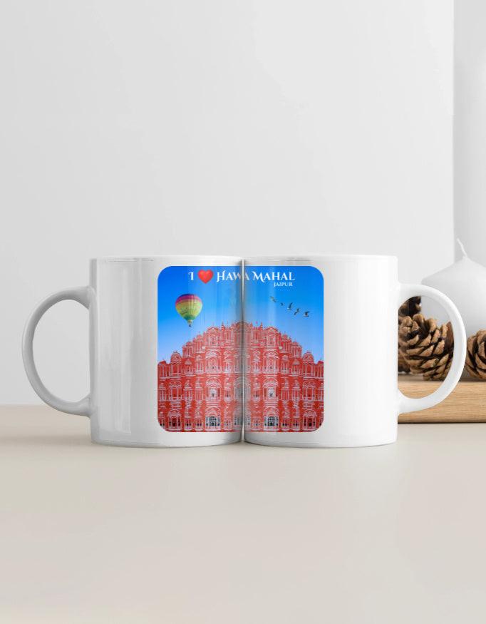 White Coffee Mug - Elegant Ceramic Mug with Hawa Mahal Design, 11 oz