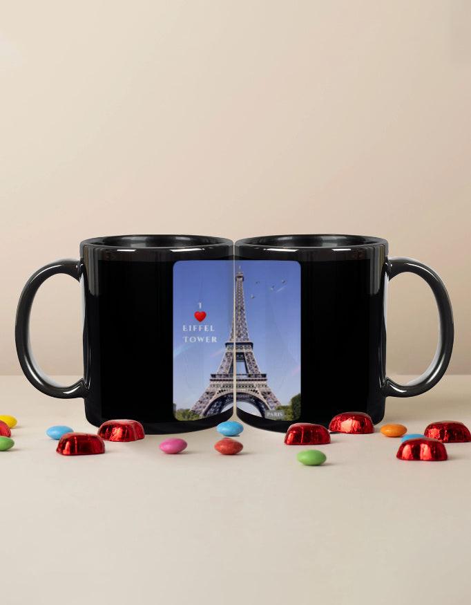 Black Coffee Mug - Elegant 11 oz Ceramic Mug with Eiffel Tower Print