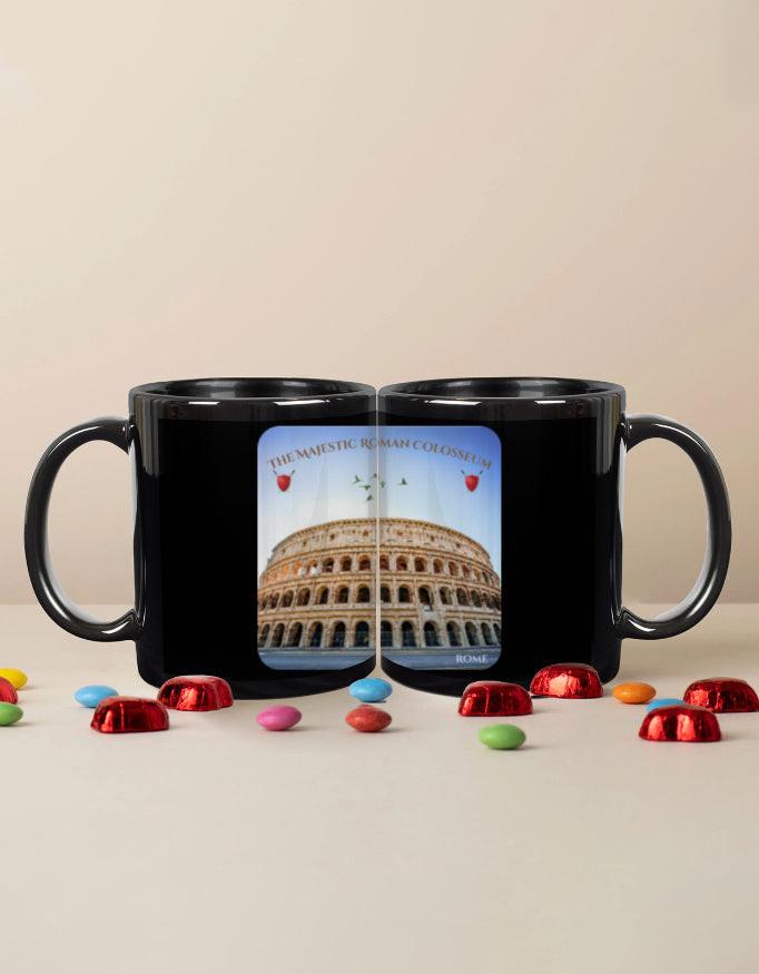 Black Coffee Mug - Elegant Ceramic Mug with Rome's Colosseum Design