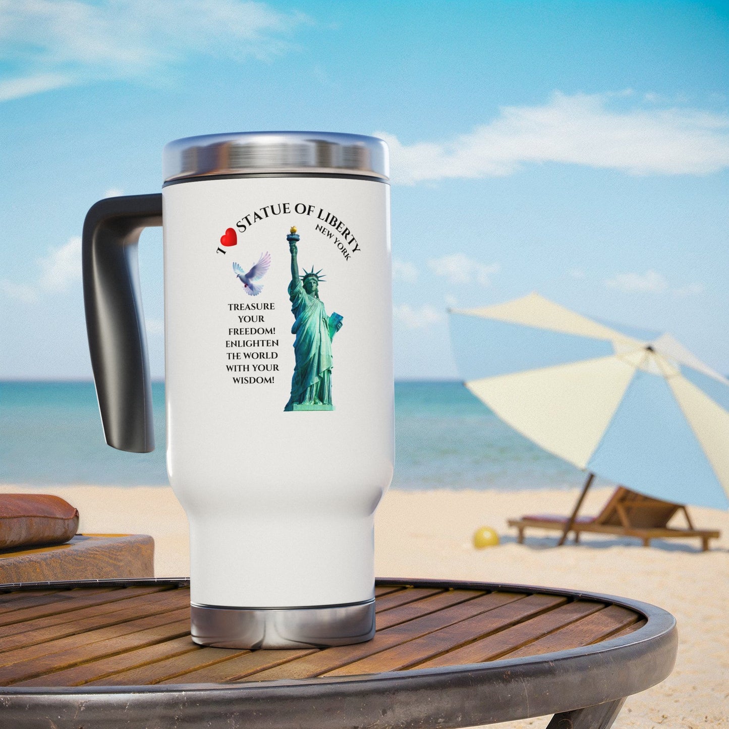 Statue of Liberty Travel Mug – 14oz Stainless Steel Coffee Tumbler with Handle