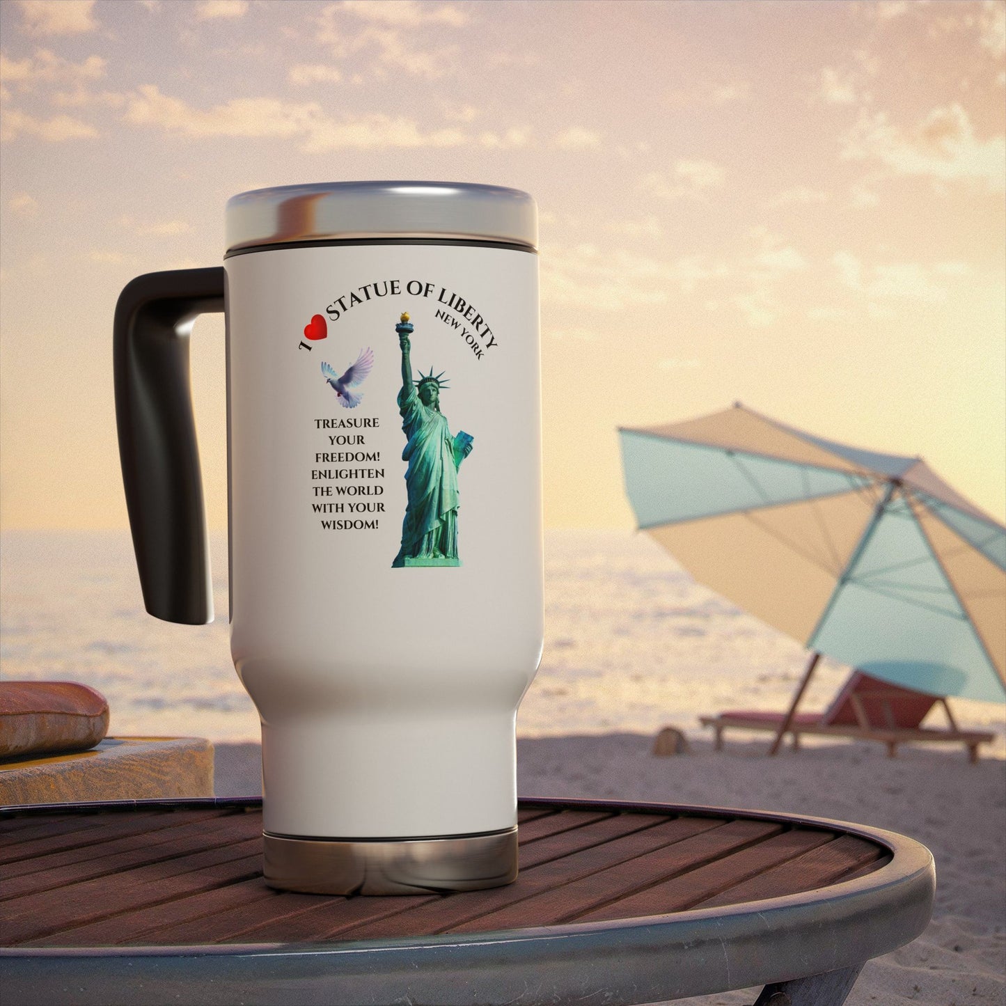 Statue of Liberty Travel Mug – 14oz Stainless Steel Coffee Tumbler with Handle