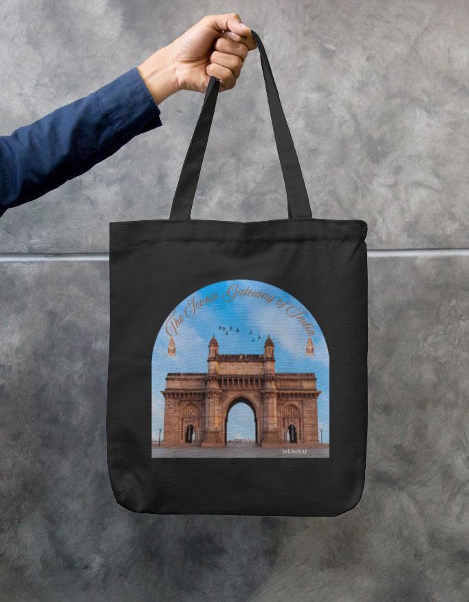 Zipper Tote Bag - Stylish Cotton Crafted with Gateway of India Design