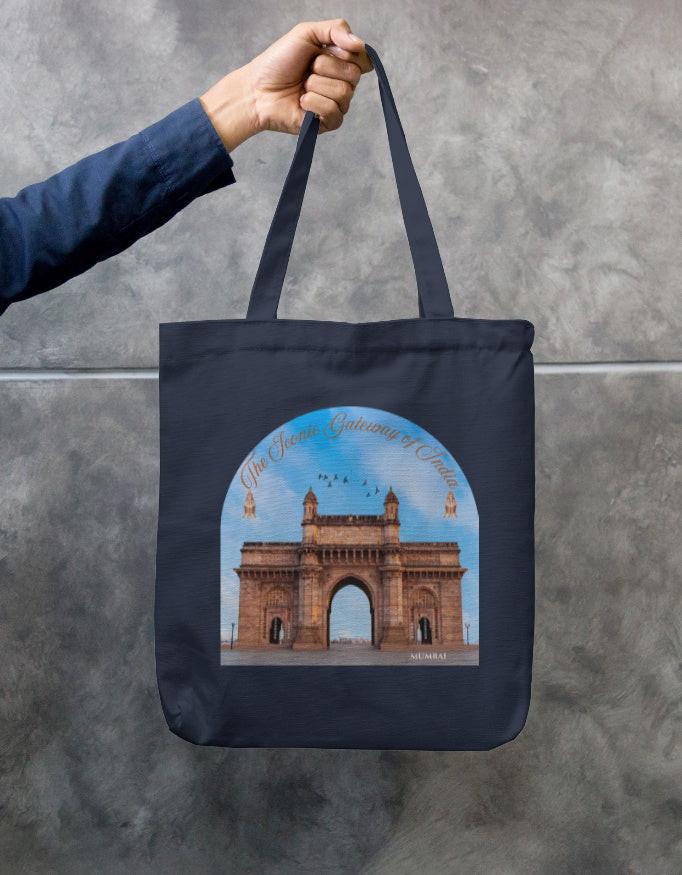 Zipper Tote Bag - Stylish Cotton Crafted with Gateway of India Design