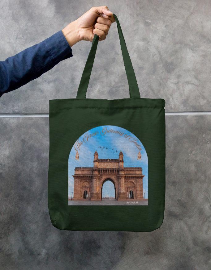 Zipper Tote Bag - Stylish Cotton Crafted with Gateway of India Design