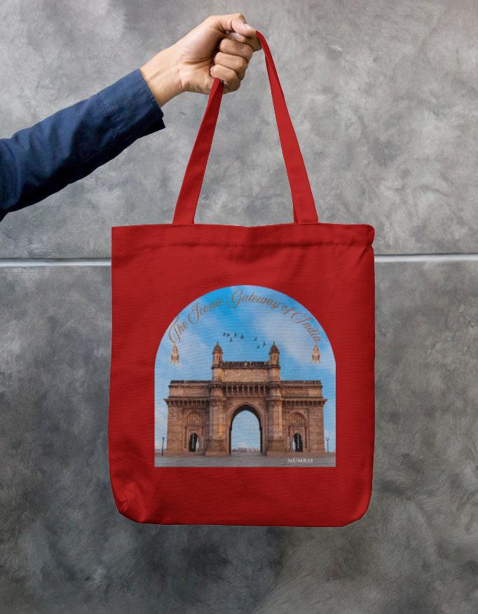 Zipper Tote Bag - Stylish Cotton Crafted with Gateway of India Design