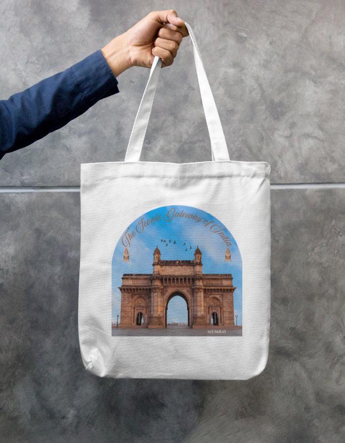 Zipper Tote Bag - Durable Cotton Canvas with Gateway of India Design