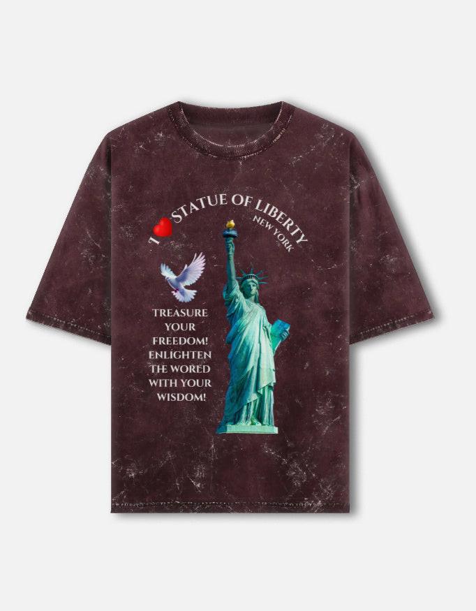 Acid Washed Unisex Oversized Tee - NYC Statue of Liberty Designer Tee