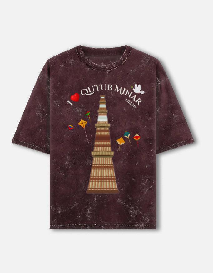 Acid Washed Unisex Oversized Tee - Vintage Style Featuring Qutub Minar