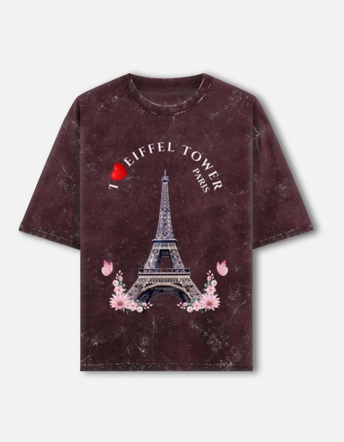Acid Washed Unisex Oversized Tee | Stylish Paris Eiffel Tower Design