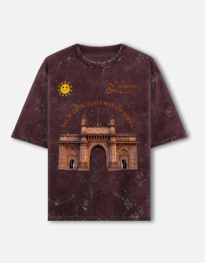 Acid Washed Unisex Oversized Tee with Unique Gateway of India Design