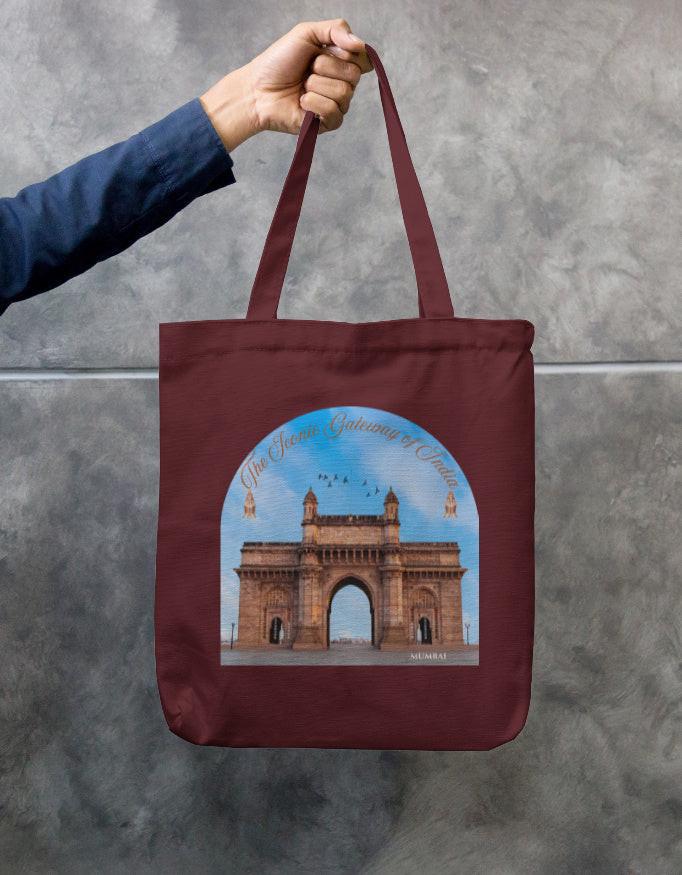 Zipper Tote Bag - Stylish Cotton Crafted with Gateway of India Design
