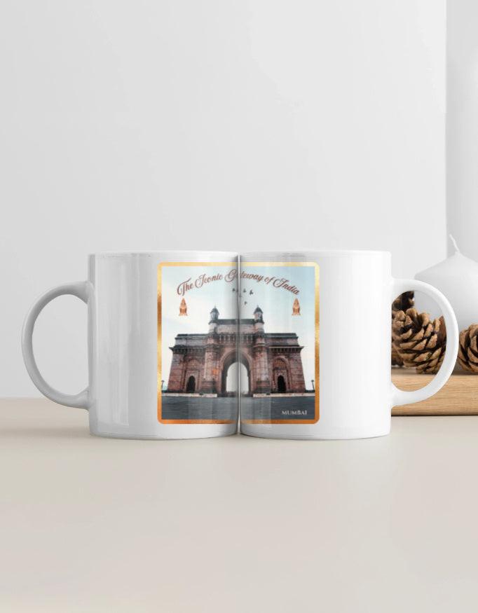 White Coffee Mug - Elegant Ceramic Mug Featuring Gateway of India Design