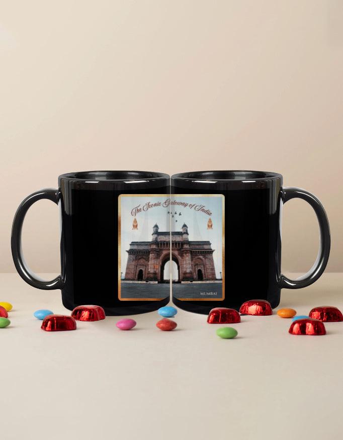 Black Coffee Mug – 11oz Ceramic Mug with Gateway of India Design