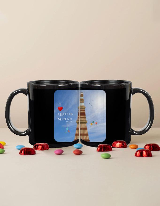 Black Coffee Mug - Elegant Ceramic Mug with Vibrant Qutub Minar Design