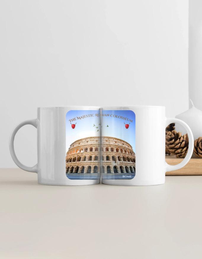 White Coffee Mug - Ceramic Mug with Colosseum Design, Glossy Finish