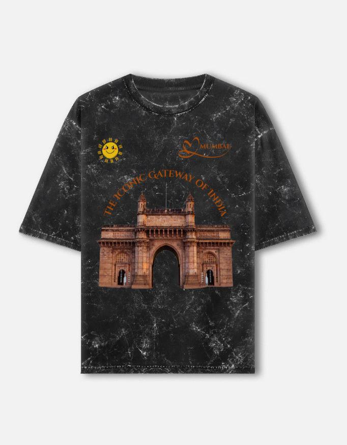 Acid Washed Unisex Oversized Tee with Unique Gateway of India Design