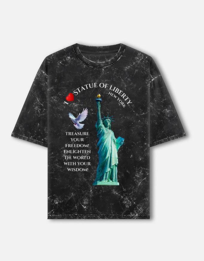 Acid Washed Unisex Oversized Tee - NYC Statue of Liberty Designer Tee