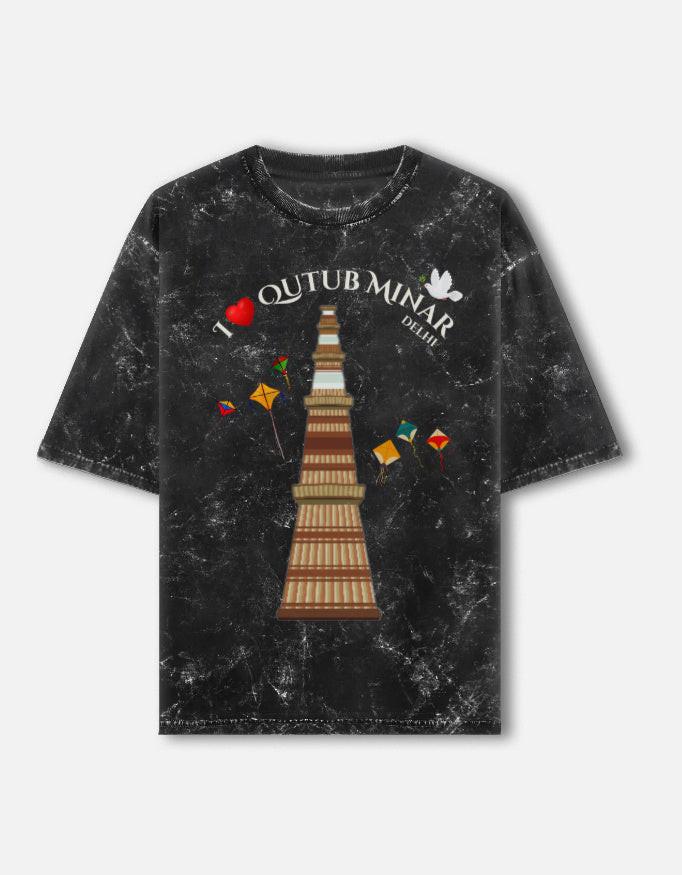 Acid Washed Unisex Oversized Tee - Vintage Style Featuring Qutub Minar