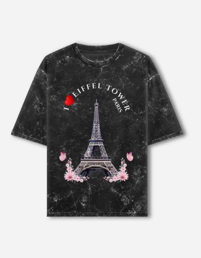 Acid Washed Unisex Oversized Tee | Stylish Paris Eiffel Tower Design