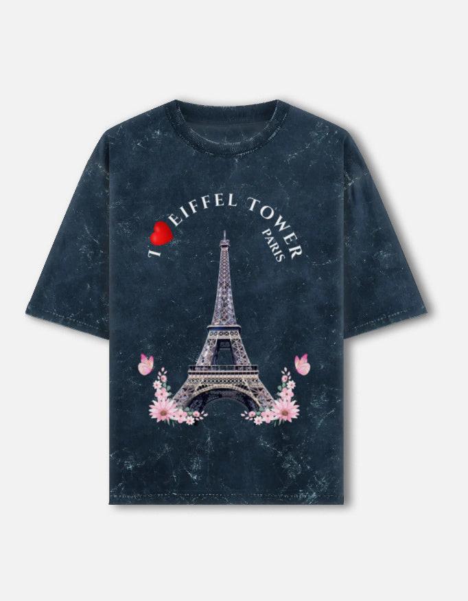 Acid Washed Unisex Oversized Tee | Stylish Paris Eiffel Tower Design