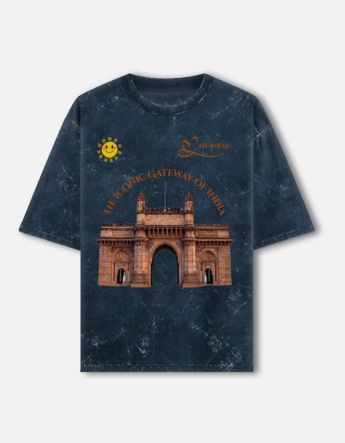 Acid Washed Unisex Oversized Tee with Unique Gateway of India Design