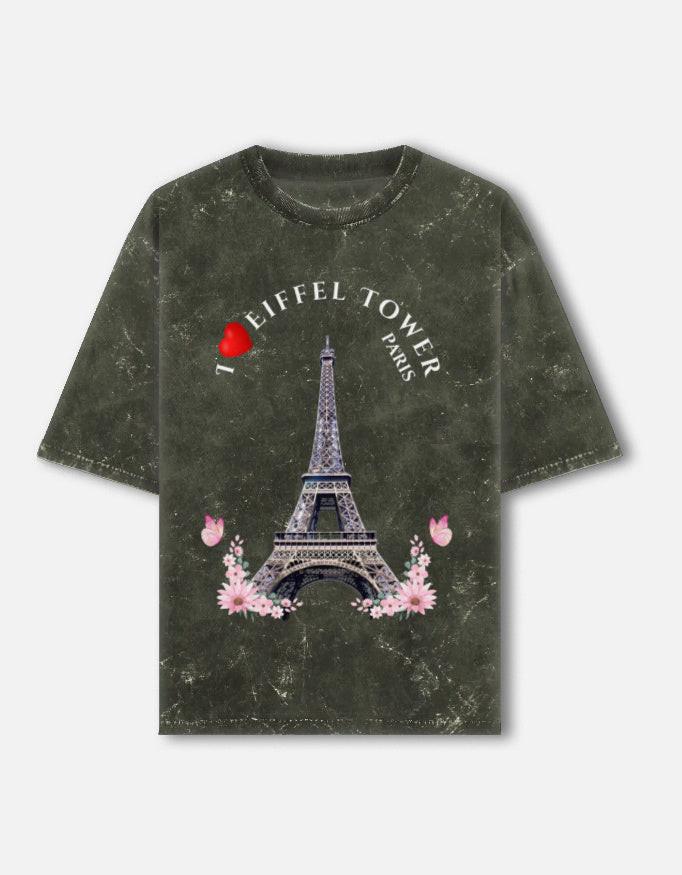 Acid Washed Unisex Oversized Tee | Stylish Paris Eiffel Tower Design