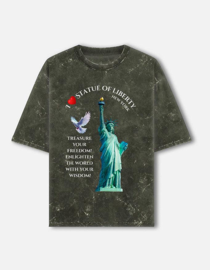 Acid Washed Unisex Oversized Tee - NYC Statue of Liberty Designer Tee