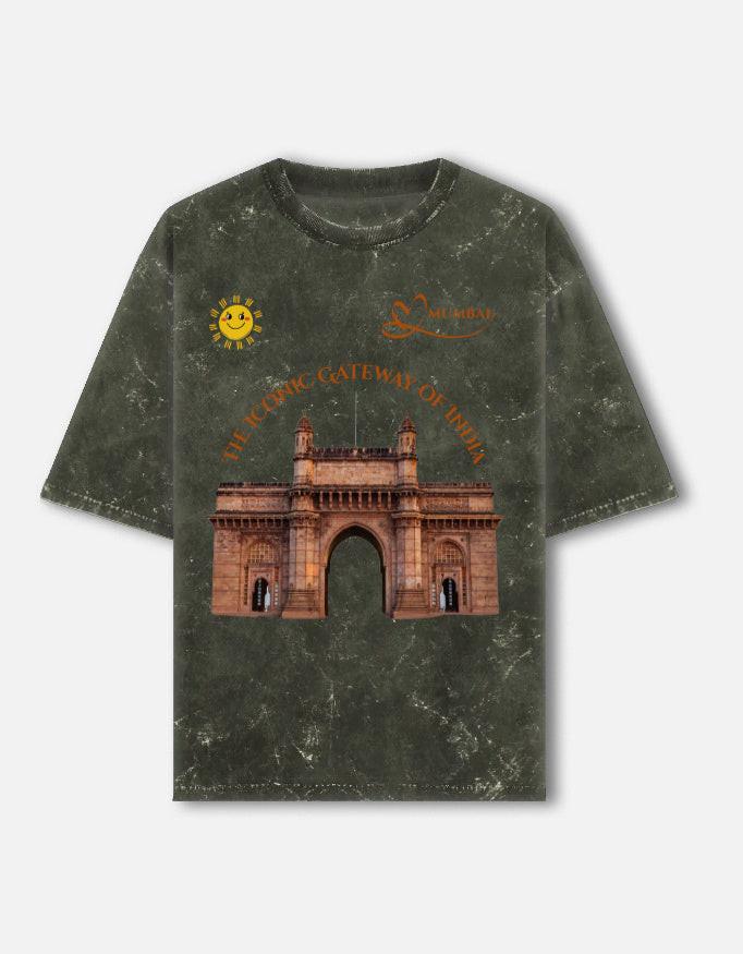 Acid Washed Unisex Oversized Tee with Unique Gateway of India Design