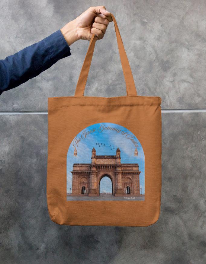 Zipper Tote Bag - Stylish Cotton Crafted with Gateway of India Design