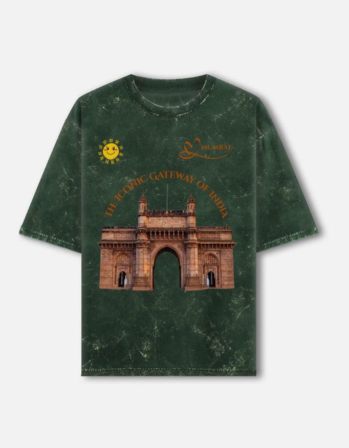 Acid Washed Unisex Oversized Tee with Unique Gateway of India Design